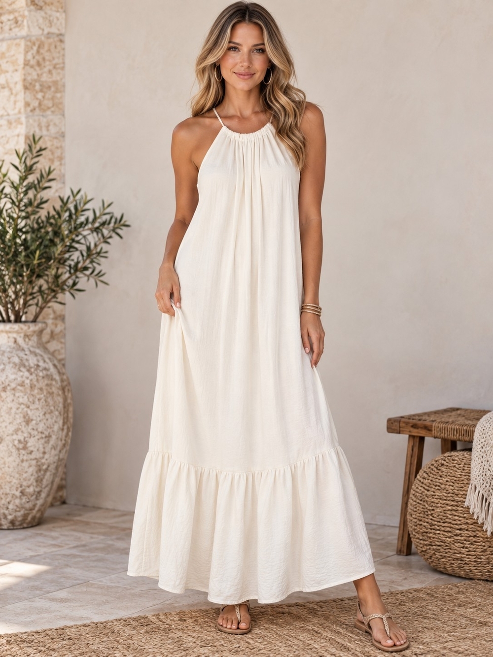 A202. INC International Concepts Halter Maxi Dress White Size 14 New